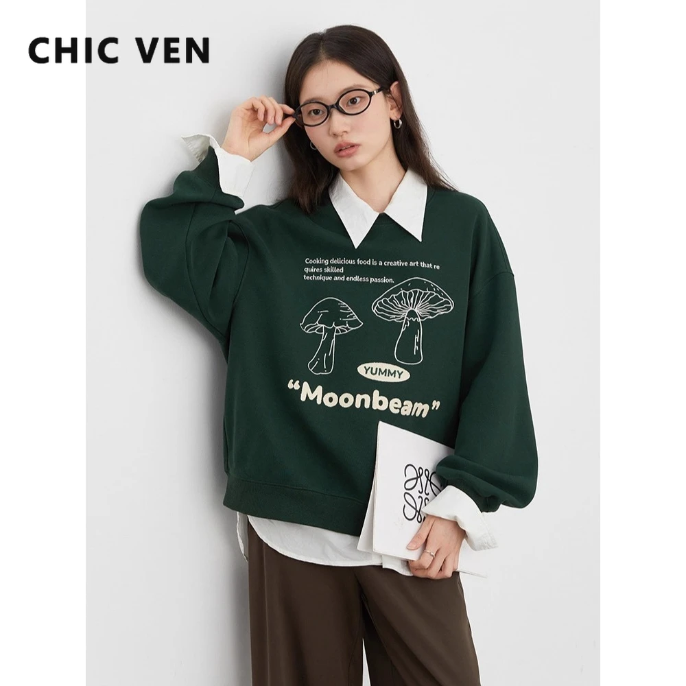 

CHIC VEN Korean Women Sweatshirts Loose Casual Mushroom Embroidered Letter Print O Neck Female Pullover Top Spring Autumn 2025