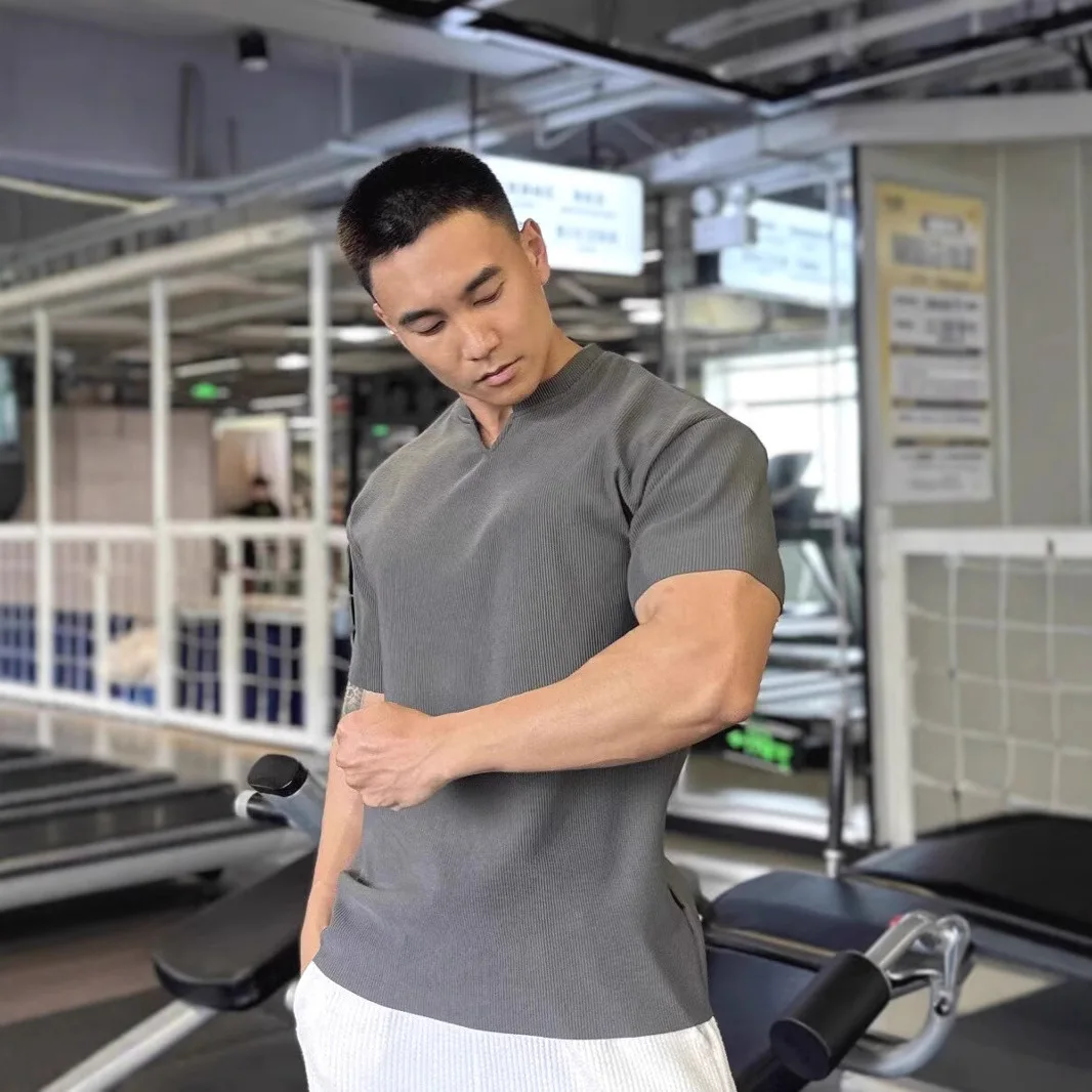 American Hardcore V-Neck Henley Stretch Short Sleeve T-Shirt Men's Casual Sports Top