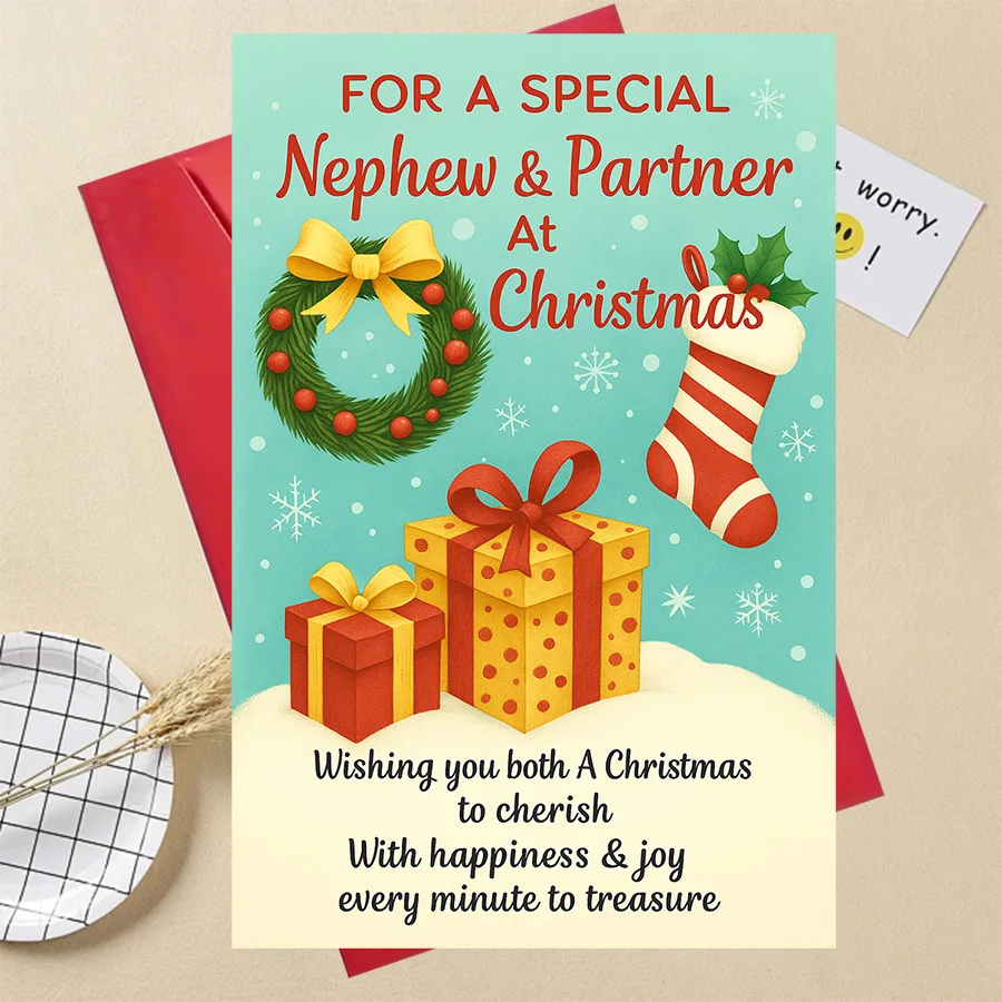 A Christmas card for your nephew and his partner, perfect as a family gift to express holiday greetings