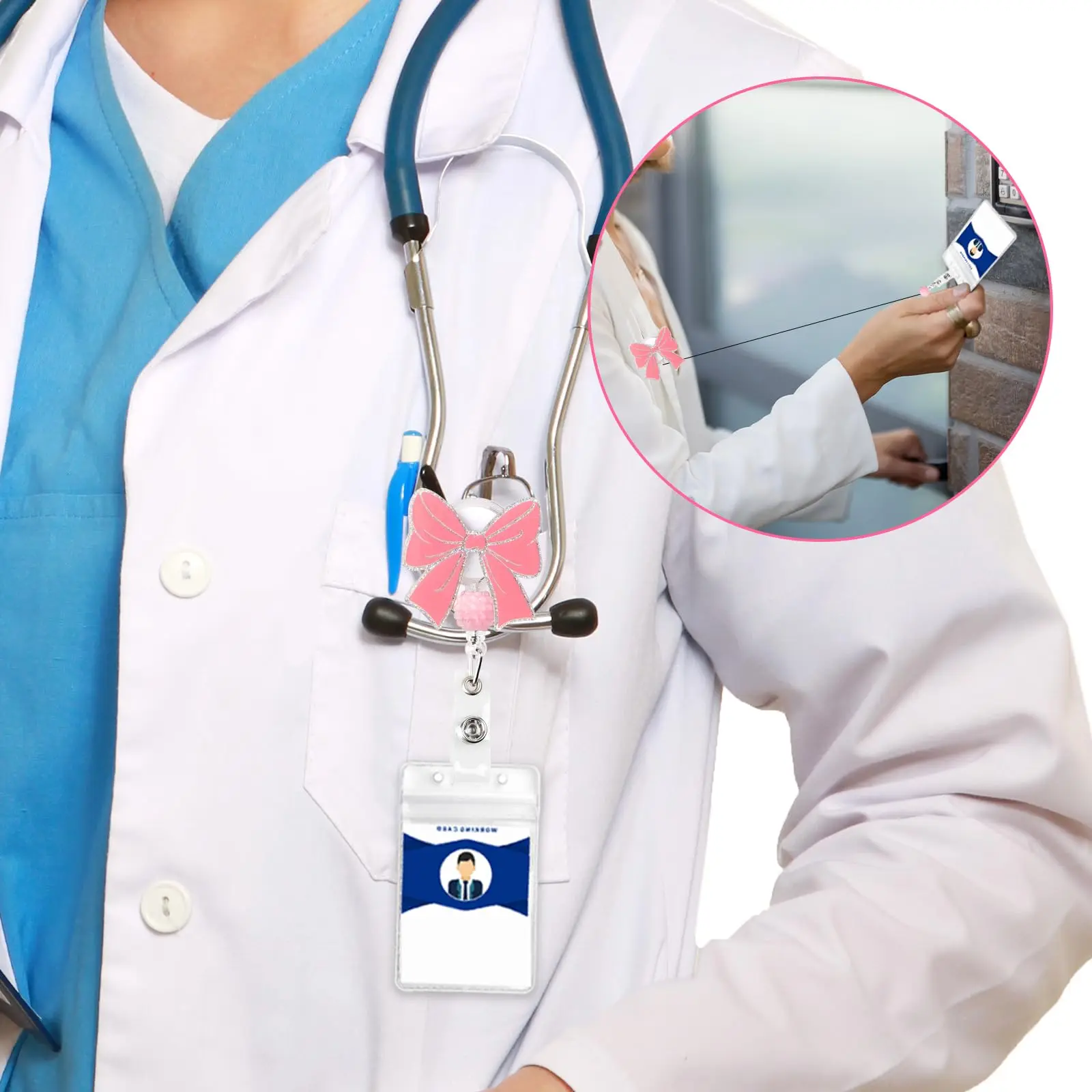 Rosa Schleifen-Abzeichenrolle, niedliche Abzeichenrolle mit Krokodilklemme, Ausweishalter, lustiger, glitzernder, einziehbarer Abzeichenrollen für die Krankenpflege – Detail 8