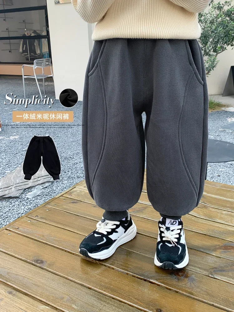 

Children's Velvet Pants Boys Thick Track Pants Baby Single-Layer Fleece-Lined Sweatpants Autumn Clothing Winter Thermal Pants