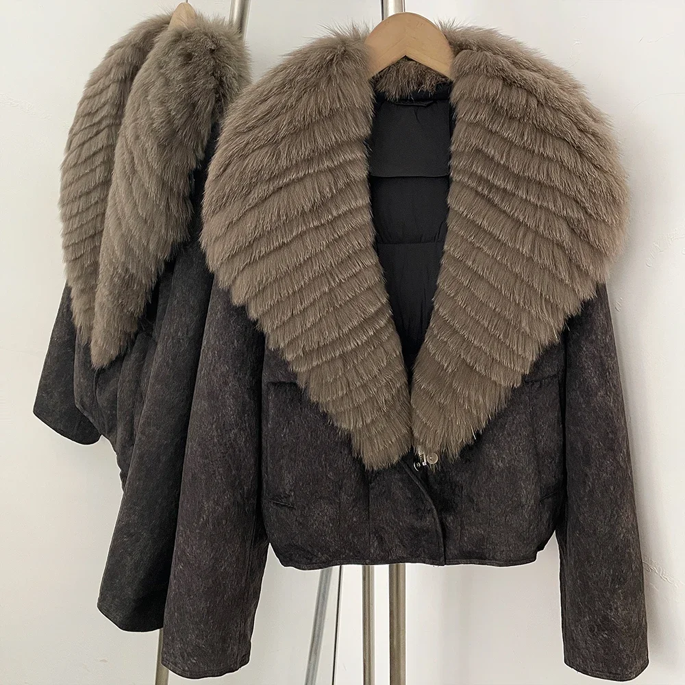 OFTBUY Dicke Daunenjacke mit Echtem Fell-Reißverschluss, Elegante Gesteppte Oberbekleidung, Gestreifter Fuchspelzkragen, Warmer Wintermantel für Damen – Detail 10