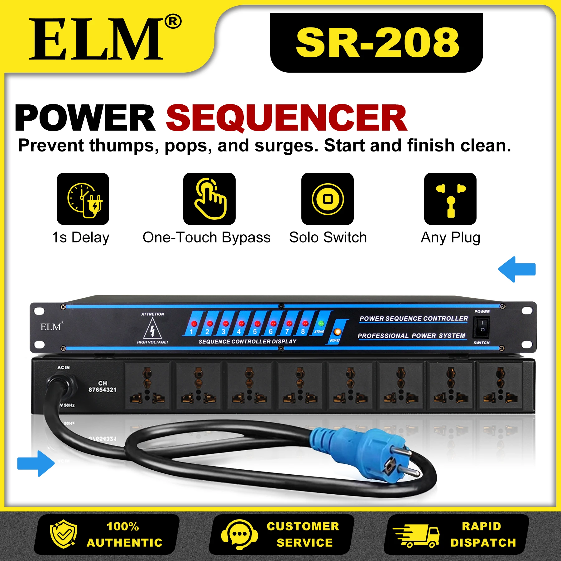 

8CH Power Sequencer SR-208 Professional Audio Stage Power Controller with Sequential Delay Switch & 6-Level Overload Protection