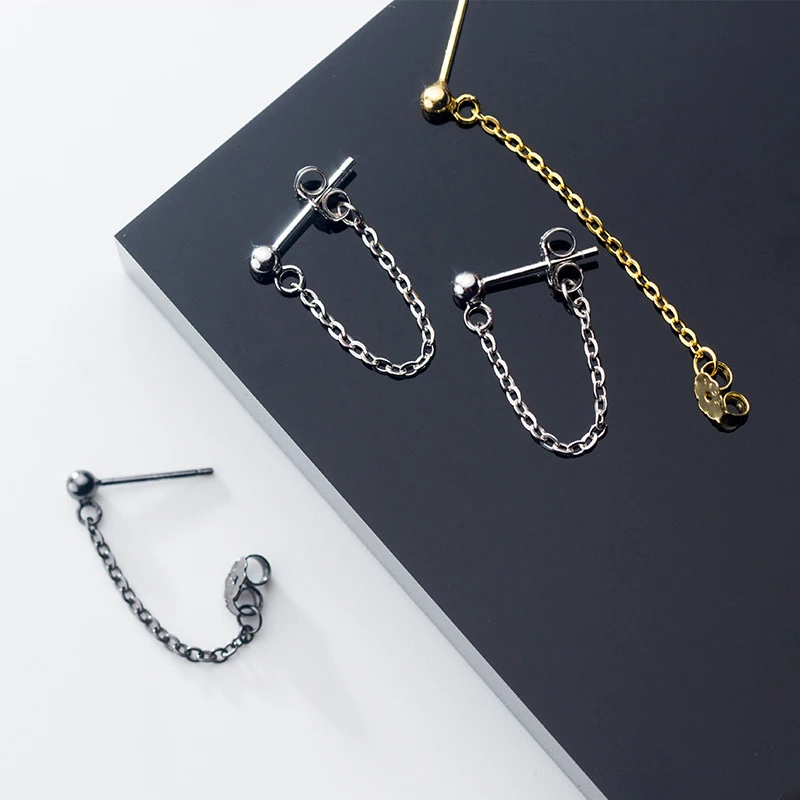 Modian Rock Punk Black Chain Stud Earrings Fashion 100% 925 Sterling Silver Bead Swing Jewelry For Women Party Classic Earring