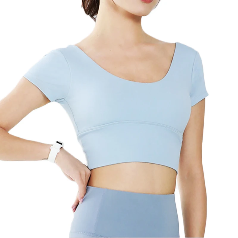Aiithuug Yoga Bra Short Sleeve with Bra Gym Crop Top Big U Scoop Neck Pilates Bra Tops Summer Gym Bras Elegant Back Sports Crops