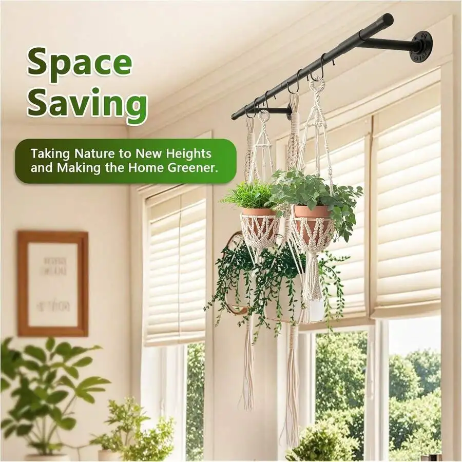 Hanging Planters Rod 33 Inches For Indoor Plant Holder Window Plant Shelves (Pot&Plant&Rope Not Included) Black