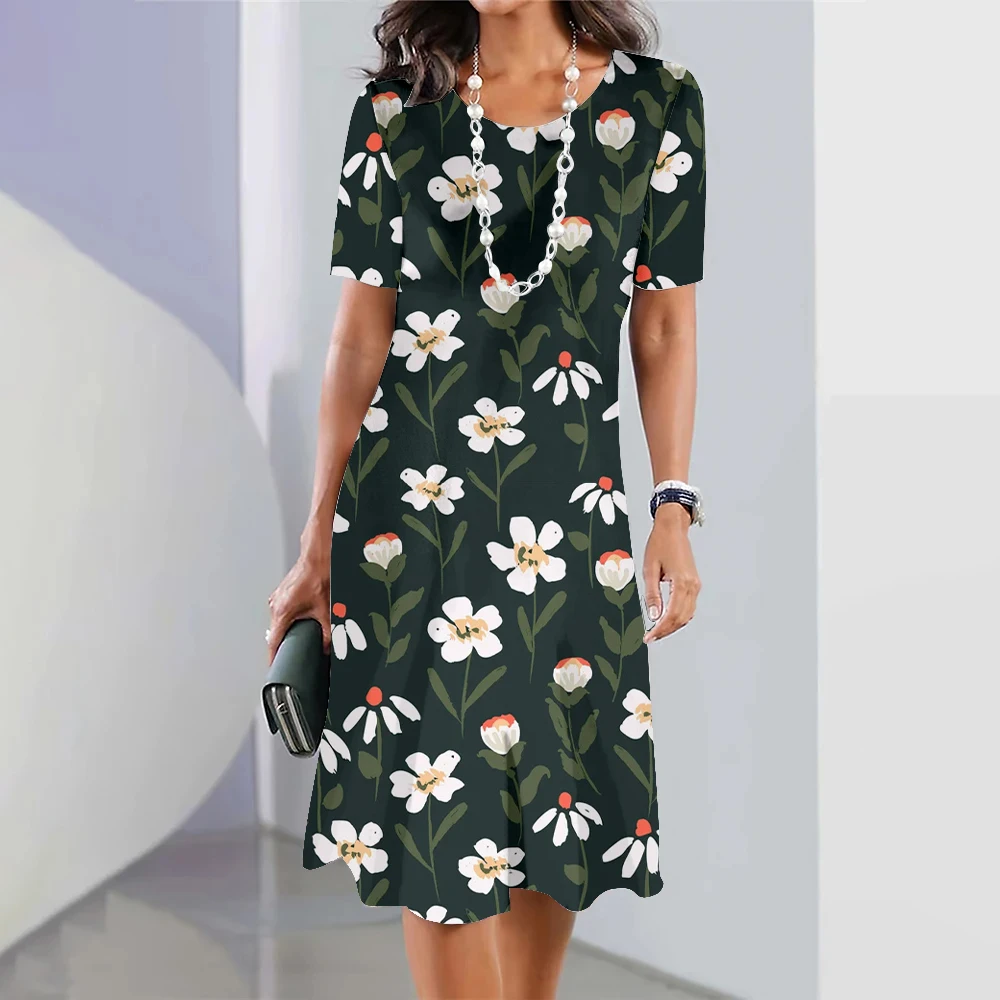 2024 Fresh And Elegant Plant Flower Print Summer Loose Round Neck Dress Summer Outdoor Seaside Travel Short Sleeve Skirt