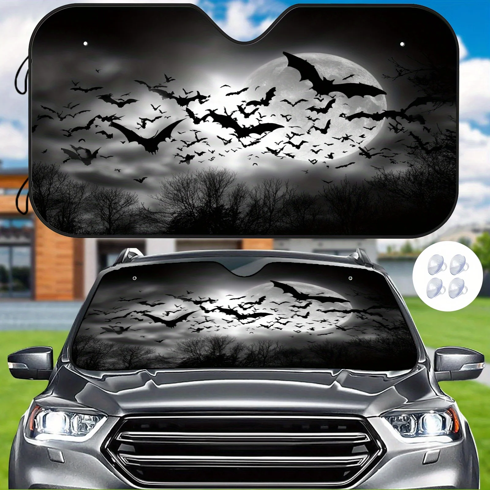 Moonlit Bat Silhouette Sunshade, Dark Atmosphere Design, Easy To Install And Durable, Comes With 4 Suction Cups For Car Interior