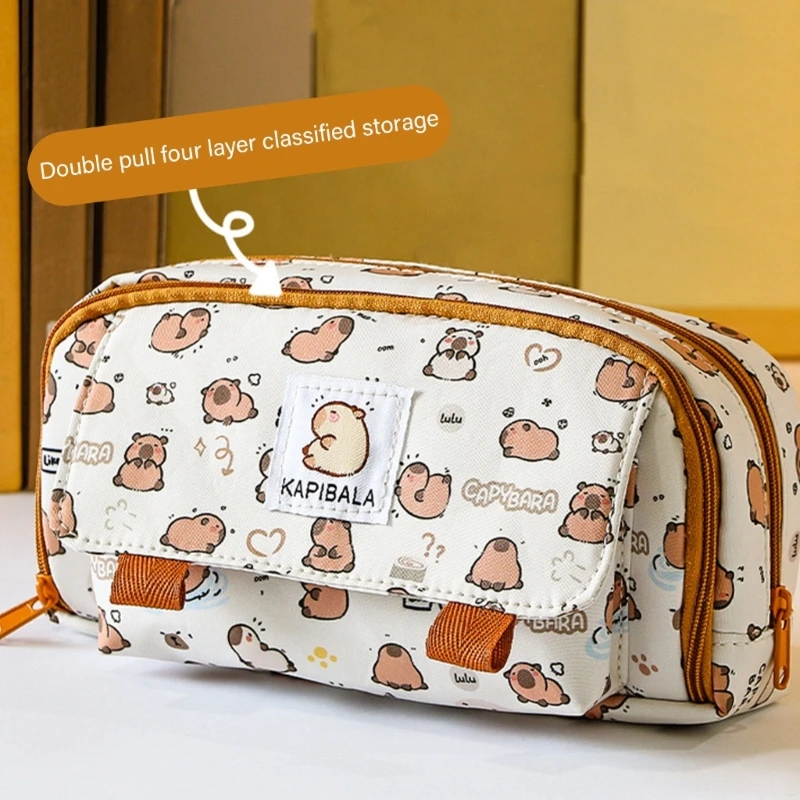 กระเป๋าปากกากล่องดินสอผ้าใบ Capybara พร้อมที่ใส่เครื่องเขียนหลายช่อง