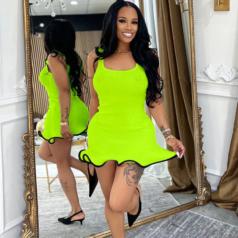 Doyerl Stricken A-line Mini Kleid Frauen Kleidung Ärmellose Tank Mantel Schlank Stretchy Rüschen Saum Party Club Kurze Kleider Vestidos