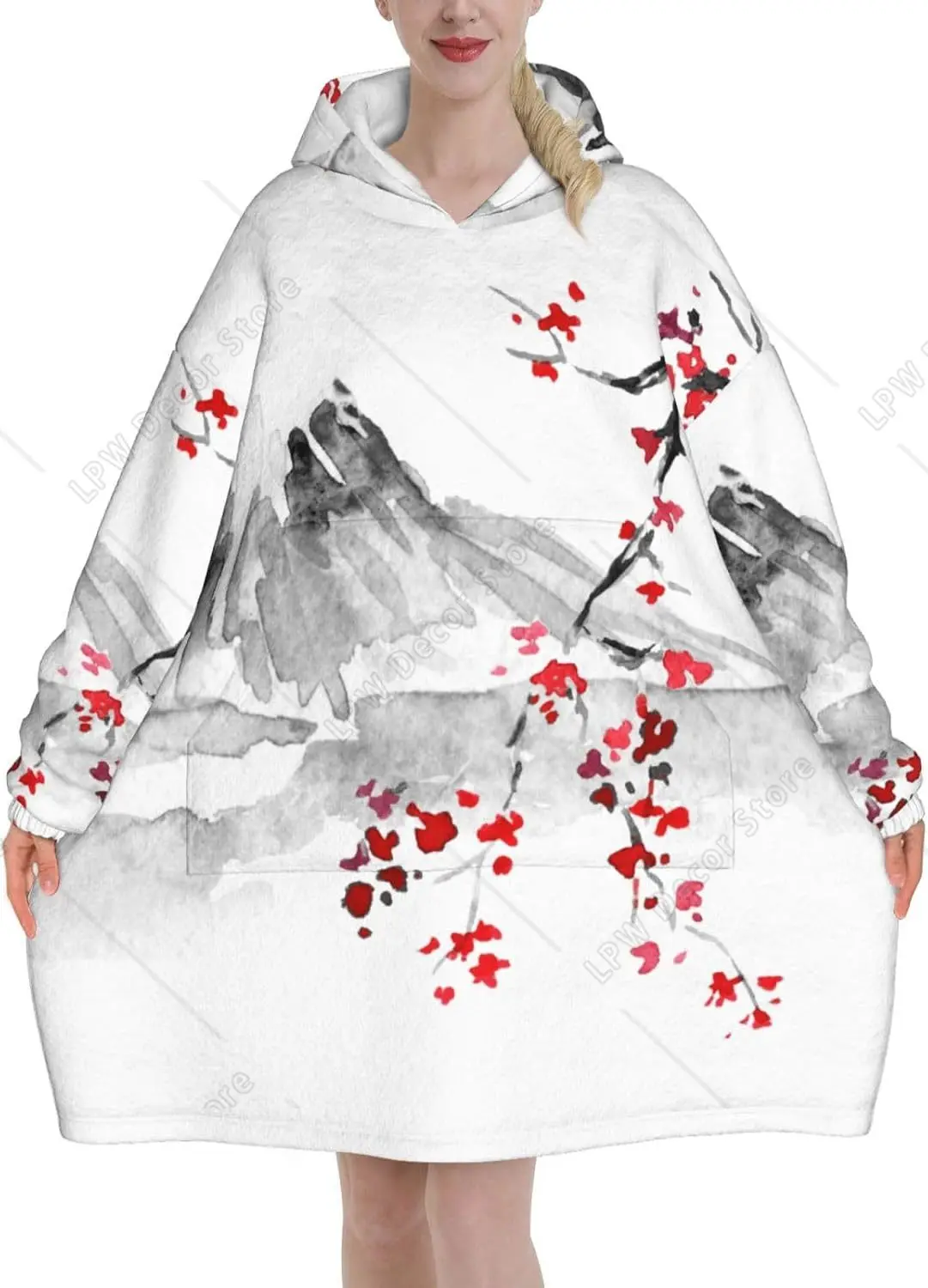 

Japanese Watercolor Cherry Flowers Art Adult Flannel Wearable Plush Blanket with Pockets Ultra Soft Plush Warm Hoodie