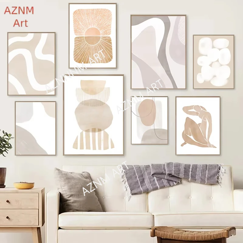 Toile de peinture à géométrie abstraite, 1 pièce, Beige, gris, couleur neutre, affiche murale, images Boho, Art mural imprimé, décor de salon