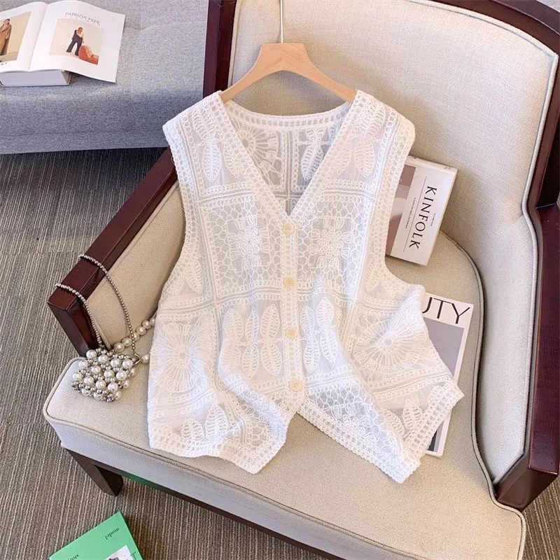 Summer French Gentle Fresh V-neck Embroidery Vest Hollow out Long Half-length Skirt Casual Set Comfortable Cotton Geometric P...
