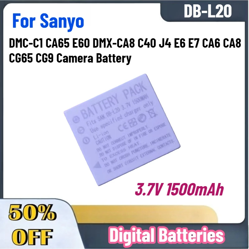 

New 3.7V 1500mAh DB-L20 Rechargeable Battery for Sanyo DMC-C1 CA65 E60 DMX-CA8 C40 J4 E6 E7 CA6 CA8 CG65 CG9 Camera Battery