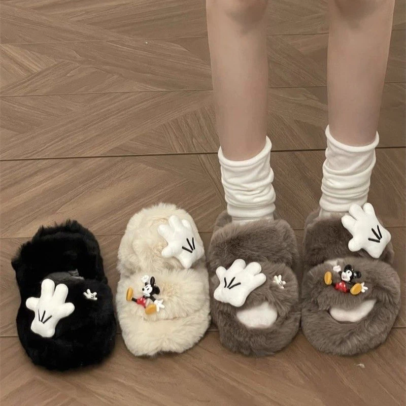 

Kids' Slippers House Shoes Cartoon Mickey Mouse Open Toe Winter Shoes For Girls Warm Anti-slip Beige Black Shoes Size 36-41