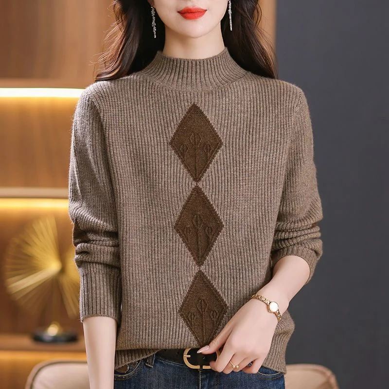 New Middle-aged Mother Short Fashion Knitted Sweaters Women Pullovers Autumn Winter Casual Warm Knitwear Femme Jumper