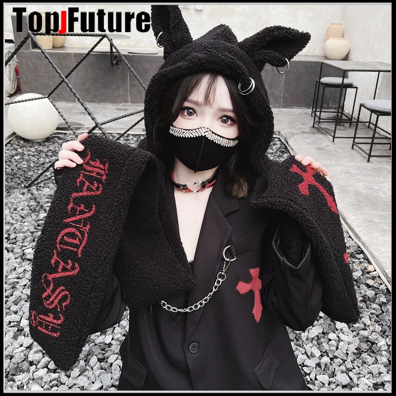 Japanese Harajuku Y2K Girls Long Rabbit Ear Hat Gothic Black Cross Chain Lambswool Winter Warm Hooded Scarf Caps Streetwear Hats