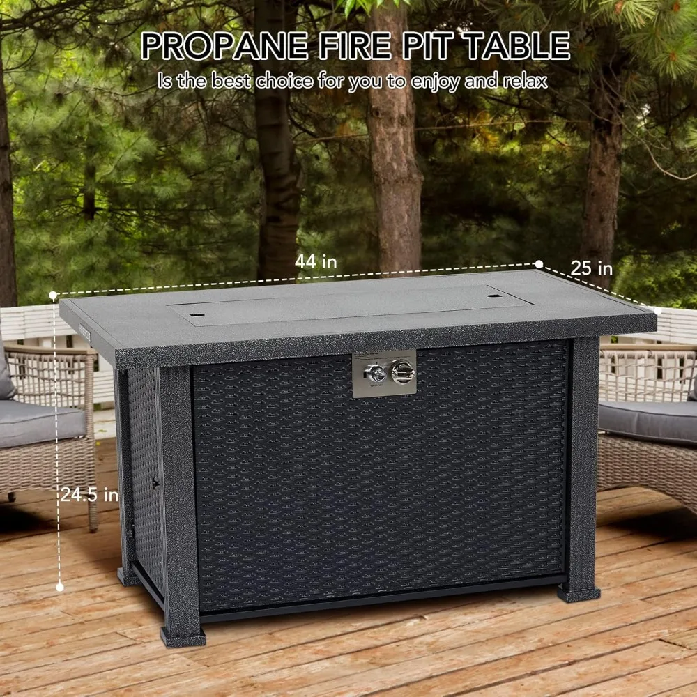 44 Inch Fire Pit Table, Cover & Rain Cover, Sturdy Steel & Iron Fence Surface, CSA Certified, Rectangle Propane Fire Pit Table