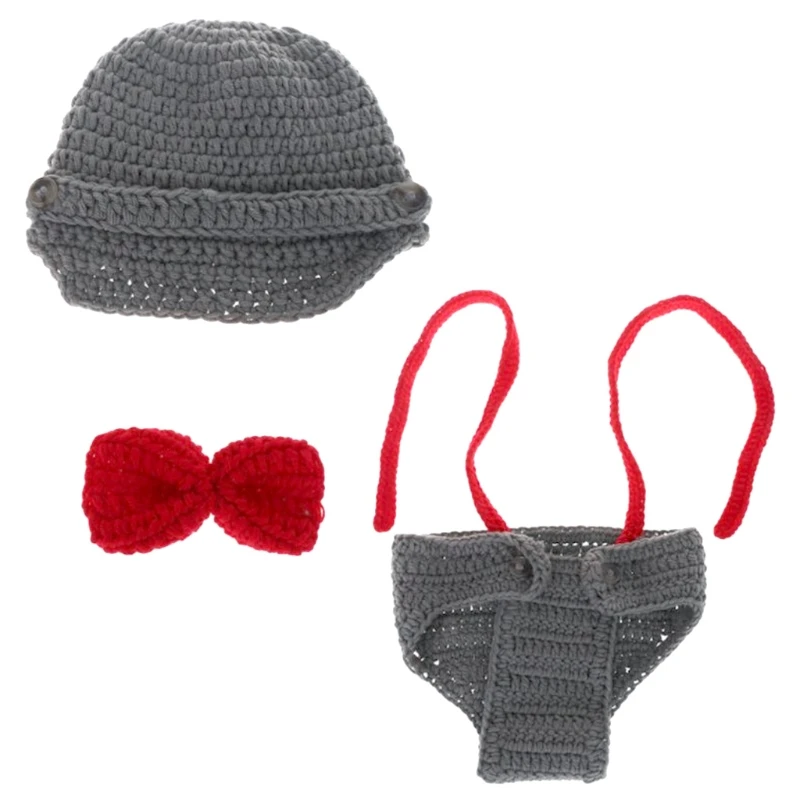 Newborn Boy Photography Outfit knitted Baby Costume Suit Infant Shooting Suspender Overall with Casquette and Bow Tie