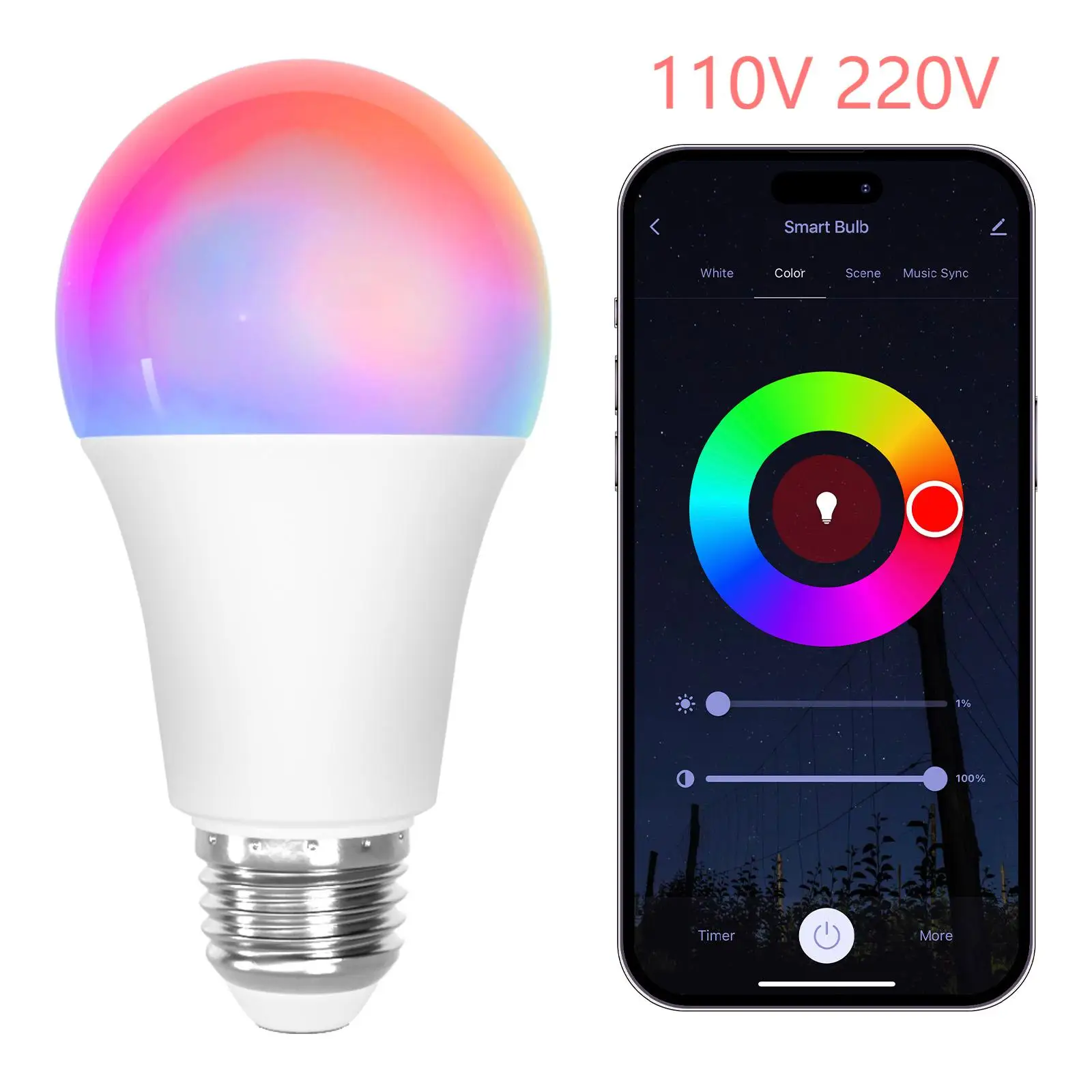 

Smart Light Bulb 110V 220V 9W E26 WiFi BLE Work with Alexa Google Home Compatible LED Light Bulb RGBCW 2700-6500K Color Changing