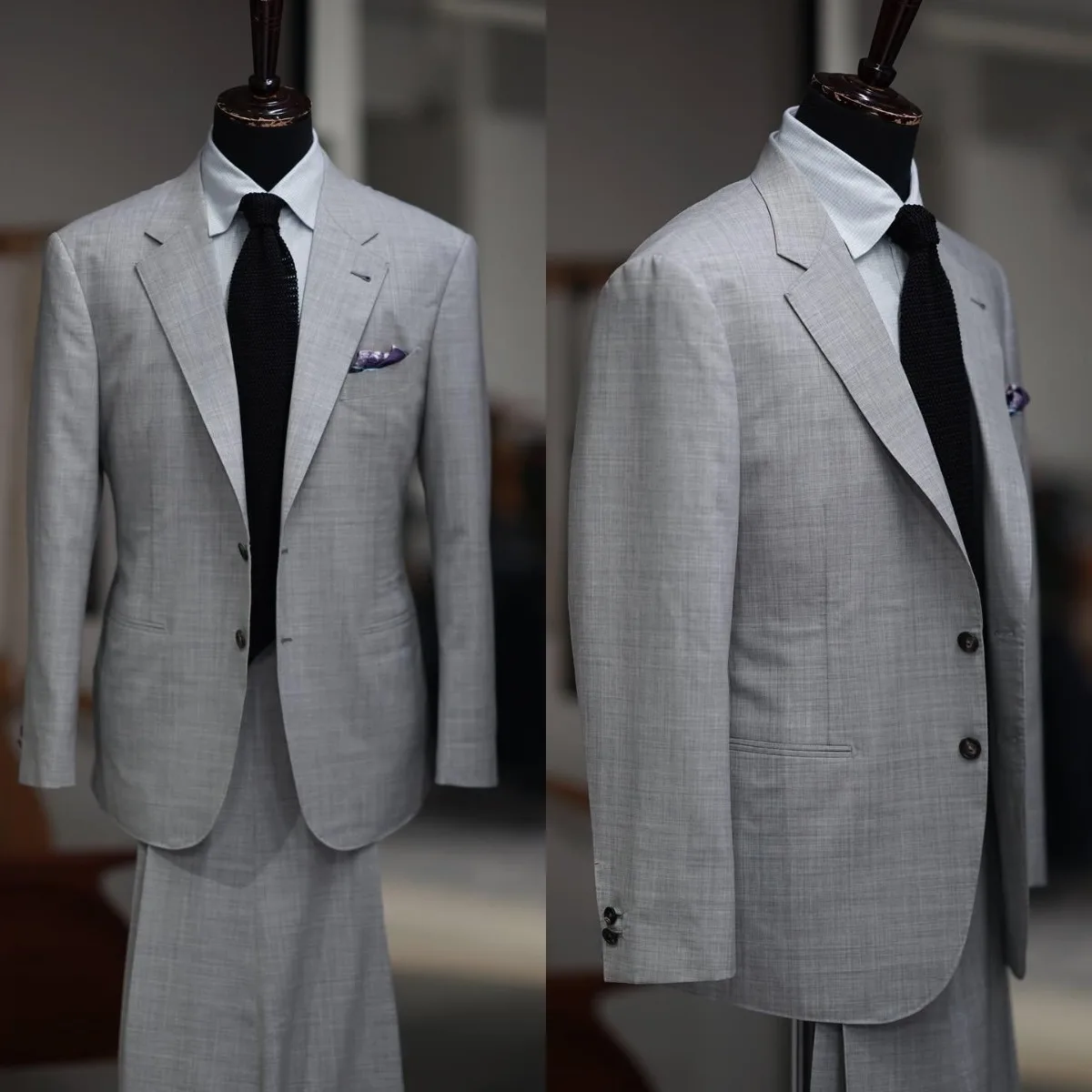 Classic Single Breasted Notch Lapel Light Grey Men's 2 Piece Suit Textured Linen Look Blazer and Trousers Custom Made M264459