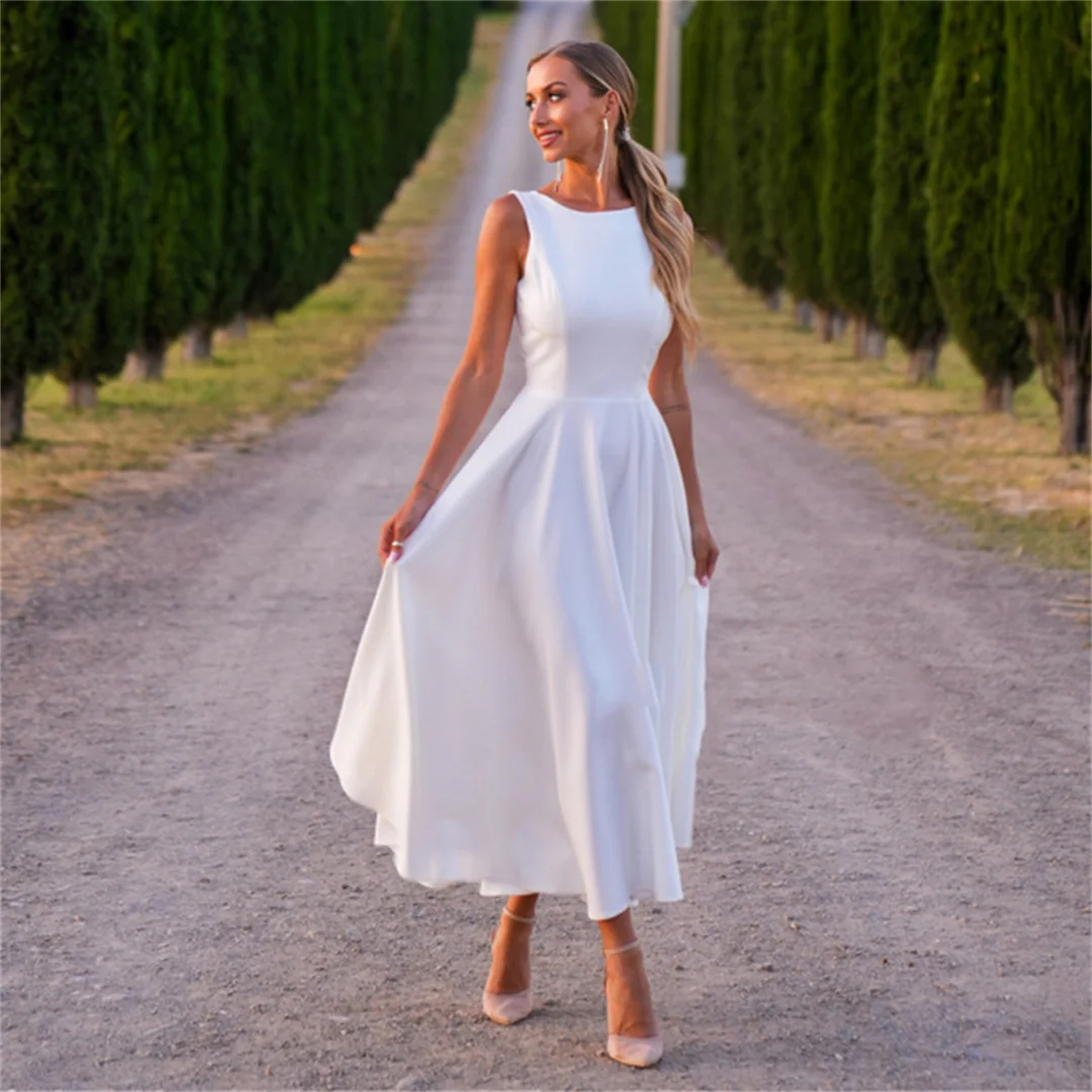 

White Customized Simple Wedding Dresses High Quality Soft O-neck Backless Tea-Length Evening Gowns Elegant Bridal Outdoor Gowns