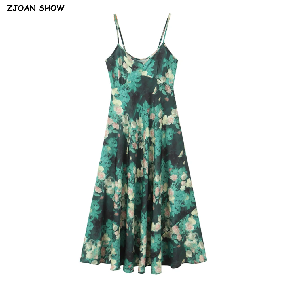 여름 여성 프랑스 스타일 레트로 짙은 녹색 장미 꽃 프린트 슬링 드레스 휴일 A라인 스윙 드레스 여성 의류