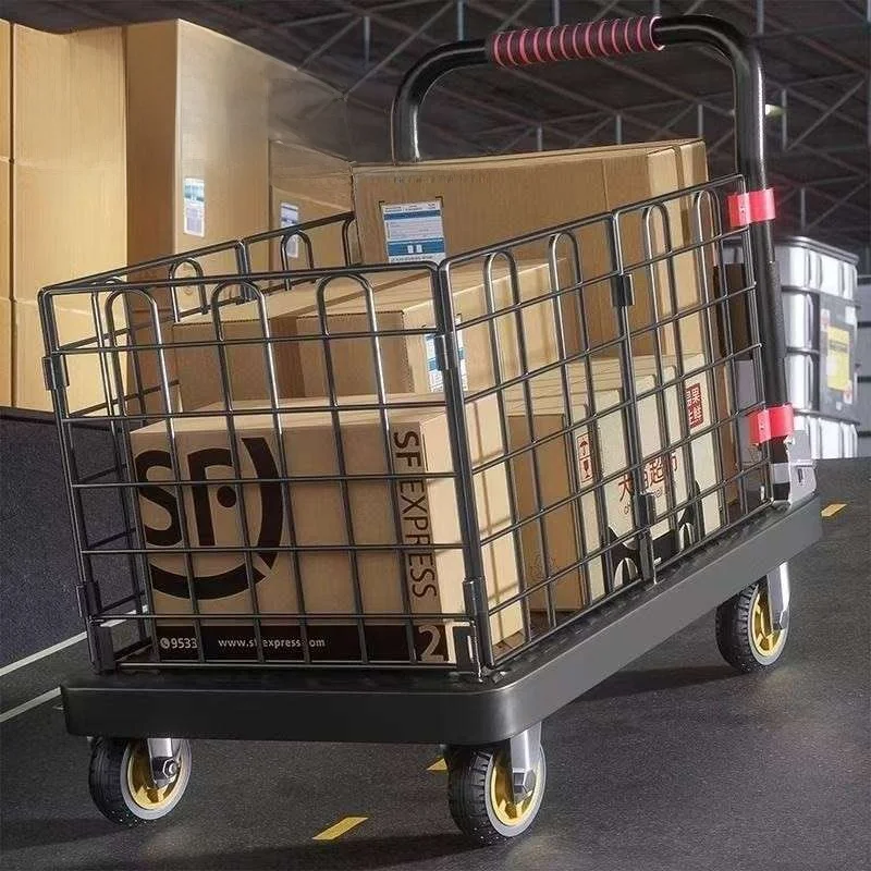 厚みのある静音小型ハンドトラック、柵付きフラットベッド、家庭用および屋台用スタッカブルカーゴ移動台車、プラスチック製