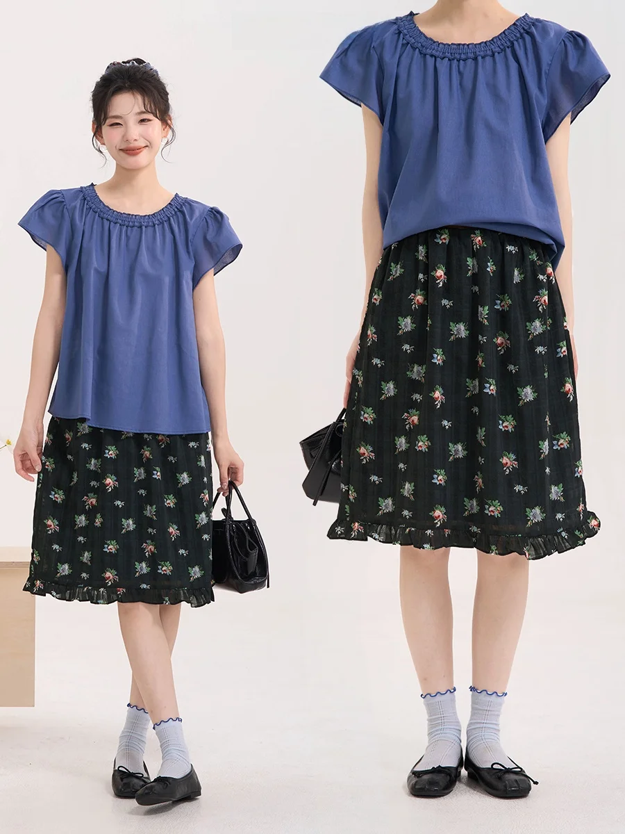 

Bla Flower f-length Skirt Women's High-waist Ruffle Summer Versatile Vintage Floral Window Display Heme A-line Skirt