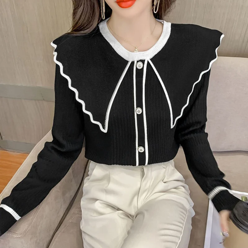 Women Elegant Chic Ruffle Peter Pan Collar Fashion Sweet Knitted Sweater Autumn Winter Slim Long Sleeve Chic Ladies Tops Jumpers