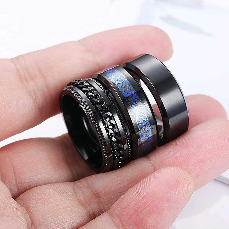 

Fashion Men's Stainless Steel Celtic Dragon Ring Rotatable Inlay Carbon Fiber Wedding Band Jewelry in Red Blue Black Colors