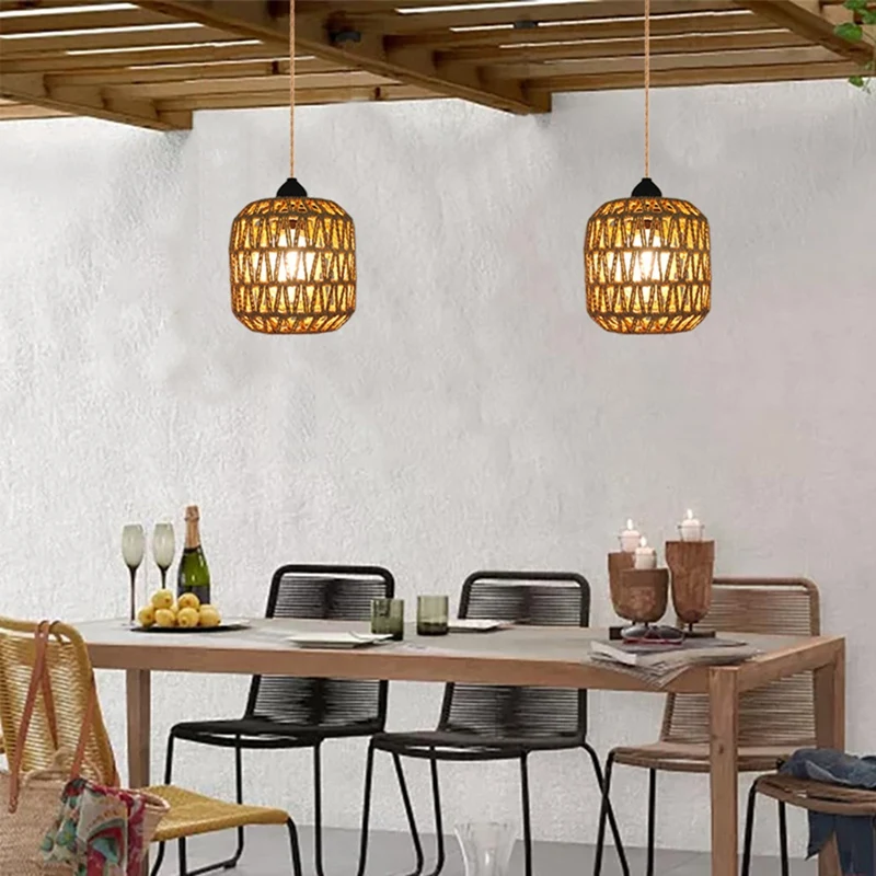 A56M-Battery Powered Outdoor Chandelier, Woven Rattan Pendant Light for Gazebo, Pergola, Porch, Indoor and Outdoor Decor