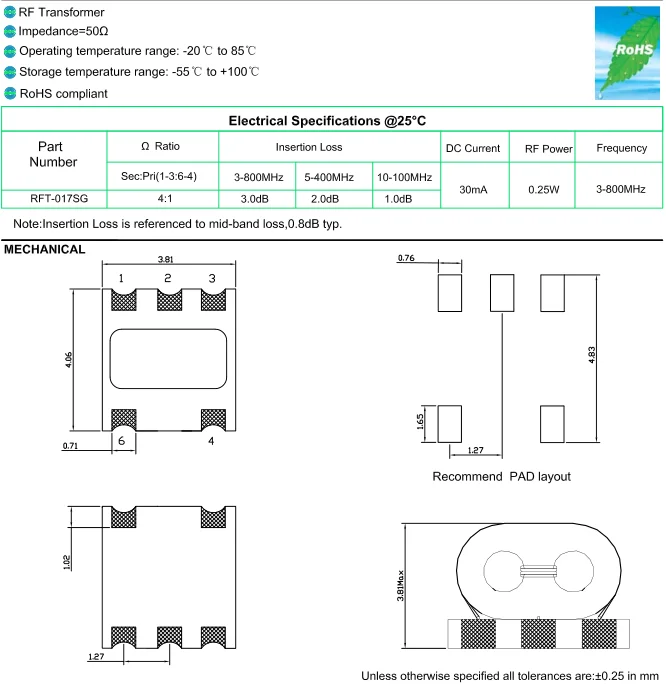 Ersatz TCM4-1W Patch Miniatur 1:4CT 3-800MHz RF RF Signal Balun Transformator