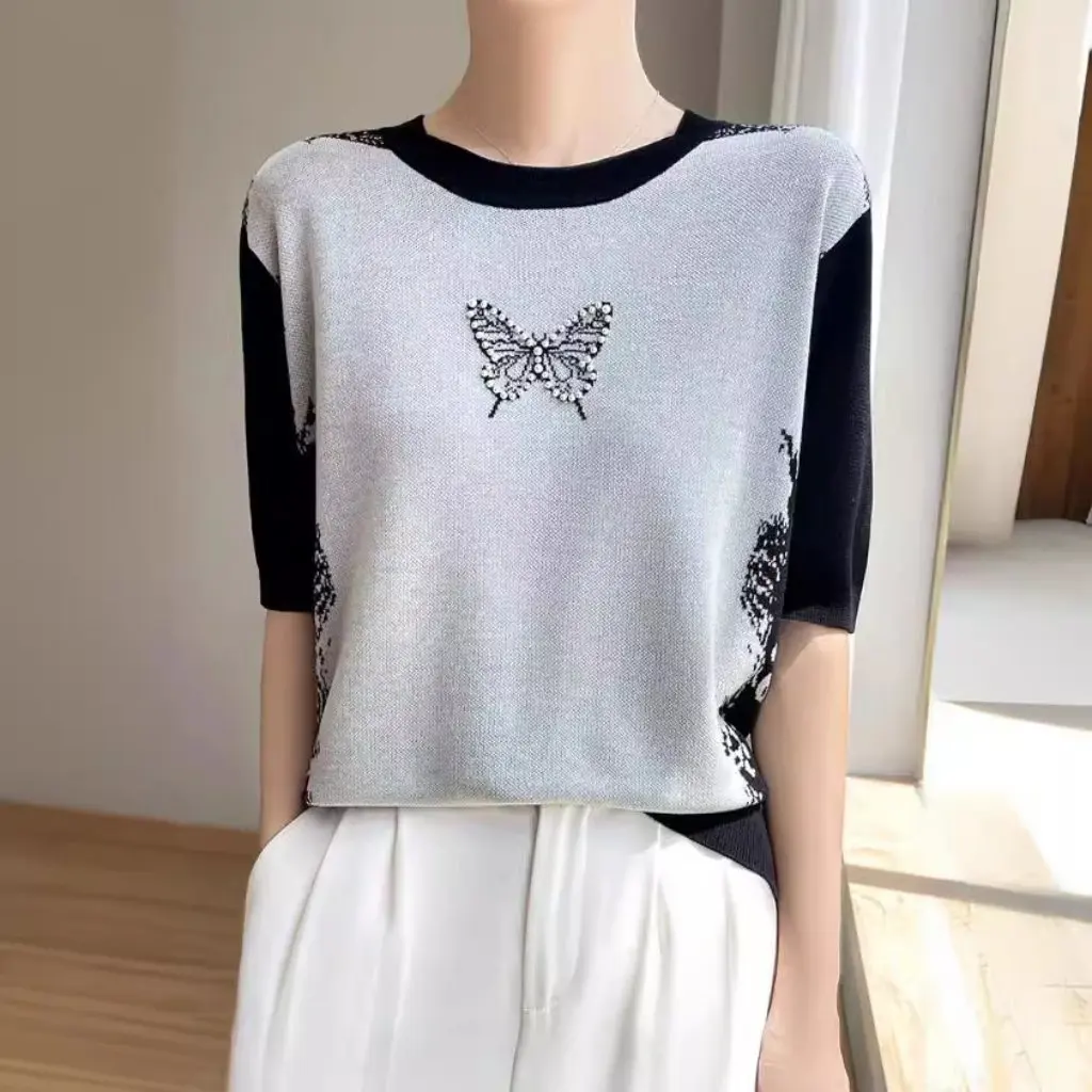 

Summer High-End Atmosphere Worsted Wool Crewneck Short Sleeve Knit Shirt with Heavy Embroidered Pearls And Sequins