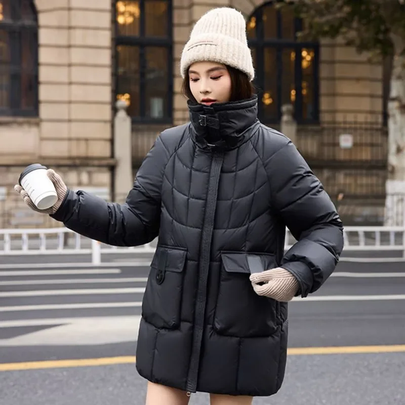 Parka inverno calor jaqueta acolchoada feminina comprimento médio superior casaco de neve plus size solto moda nova