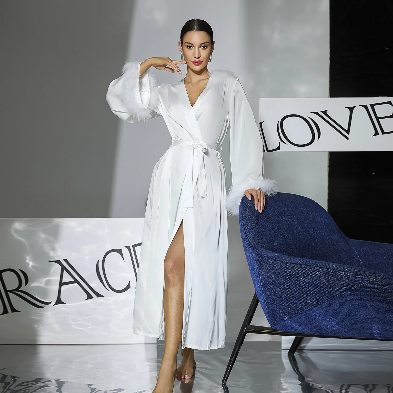 Cross-border Sexy Light Luxury Women's Satin Nightgown Fluffy Cuffs Long Split Ends Can Be Worn Outside Loungewear CW39317