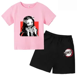 Brand Anime Demon Slayer Kamado Nezuko Print Kids Cotton T-Shirts Shorts Set Girls Clothes Baby Boys 2024 Summer Children Set