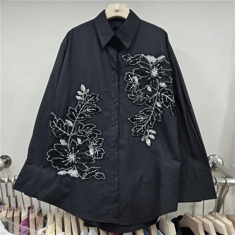 

Европейская коллекция 2026: Новая женская блузка в западном стиле с вышивкой, кружевом и бисером, универсальная свободная рубашка