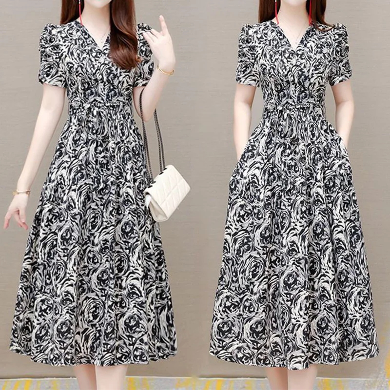 2023 Summer New Style Temperament Women\'s Clothing Lacing Fashion V-Neck Printing Short Sleeve Splicing Pockets Slim Midi Dress