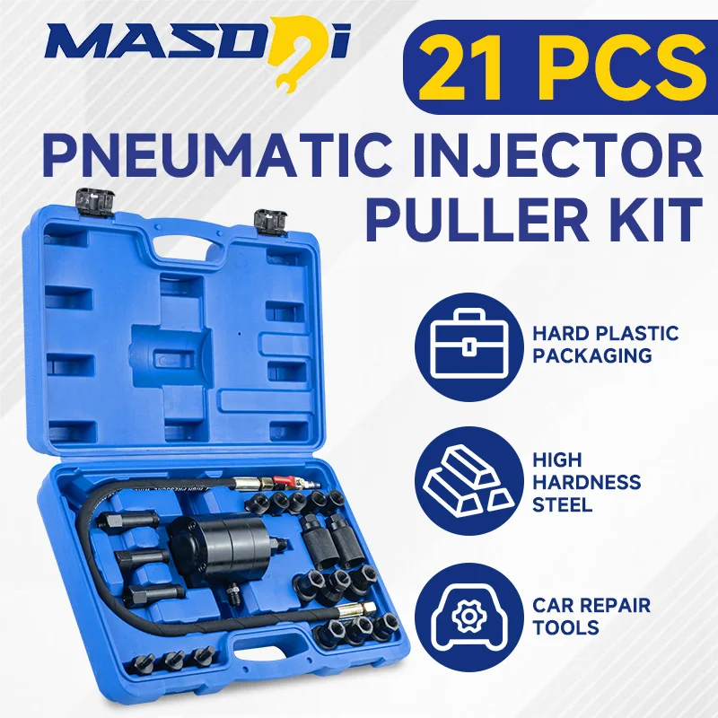 

Набор пневматических съемников форсунок Masdsi, 21 предмет, для дизельных двигателей, инструмент для снятия форсунок с воздушной вибрацией, 19 адаптеров, удлинительный шланг