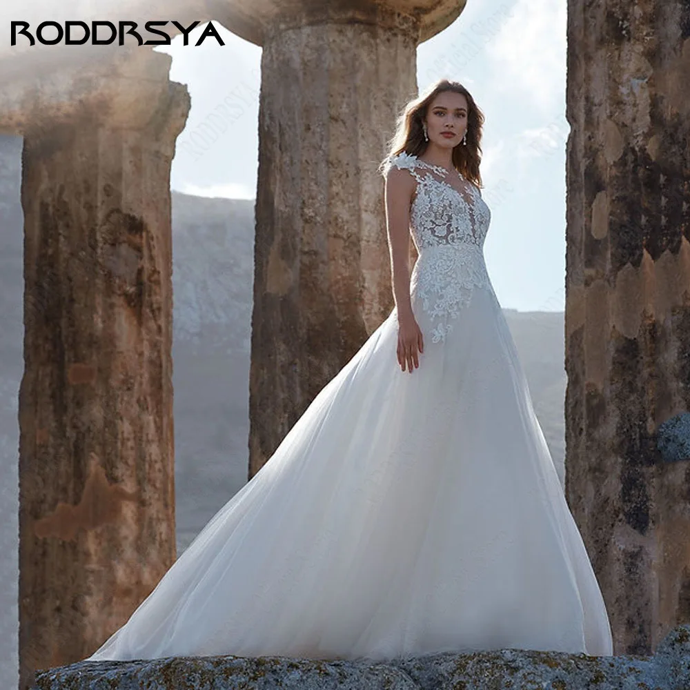 Roddrsya dentelle robe de mariée sans manches plage application fanRODDRSYA vestido de novia de encaje sin mangas, apliques de playa, ilusión, vestido sin espalda, hecho a medida, línea A, tul, botón, vestidos de novia