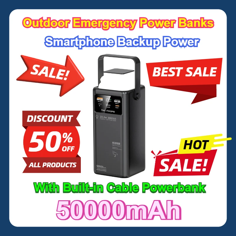 

With Built-in Cable Powerbank 50000mah Camping Light Portable Outdoor Emergency Power Banks Smartphone Backup Power 50000mah