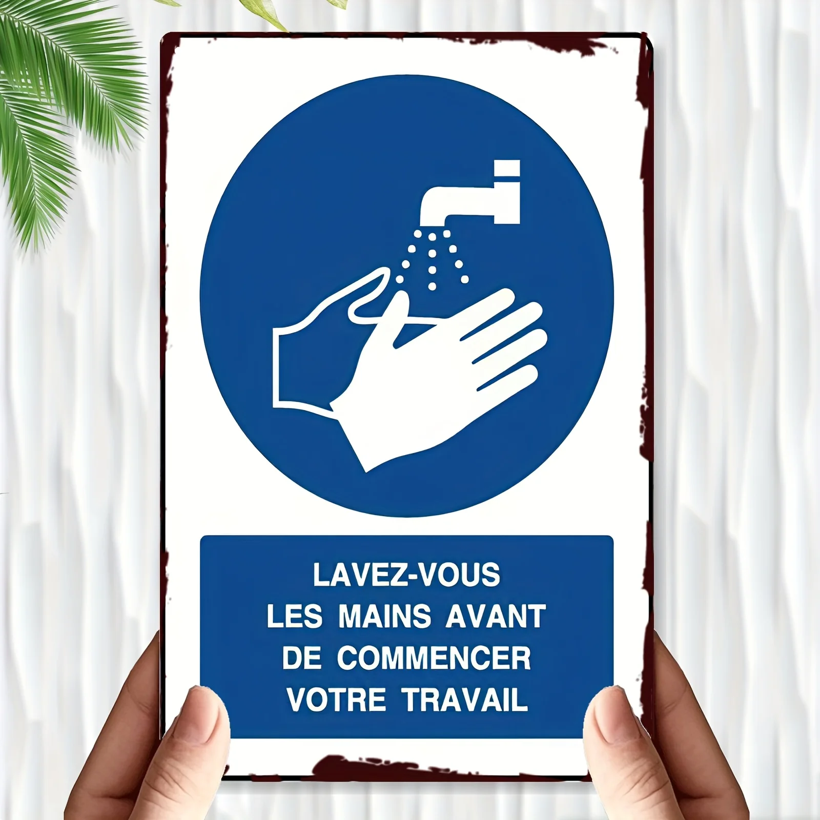 Vintage Iron Wall Sign  - Handwashing Hygiene Sign with French Text & Blue/White Design, Traditional Metal Plaque for Home, Of