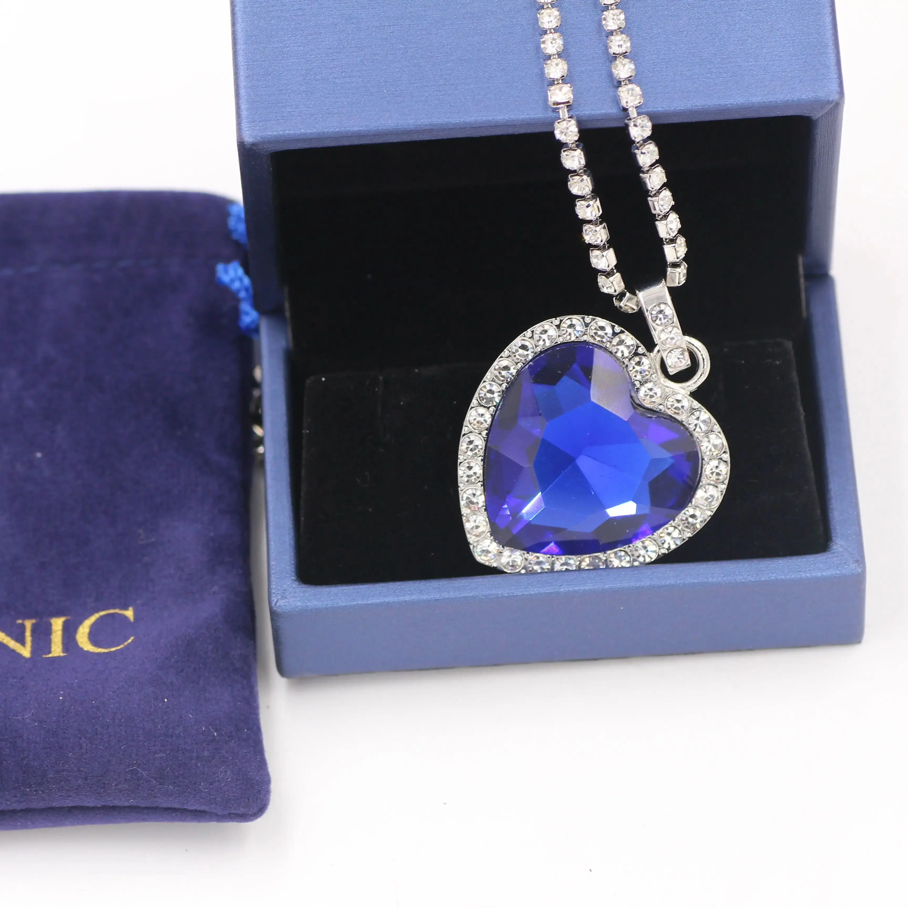 Titanic Heart of Ocean Blue Heart Love Forever Pendant Necklace + Velvet Bag