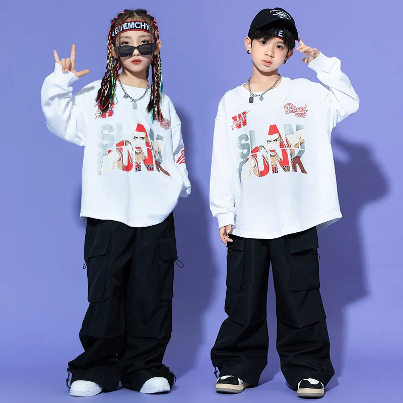 

Kid Hip Hop Clothing White Letter Sweatshirt Top Black Casual Wide Pockets Cargo Pants for Girl Boy Jazz Dance Costumes Clothes