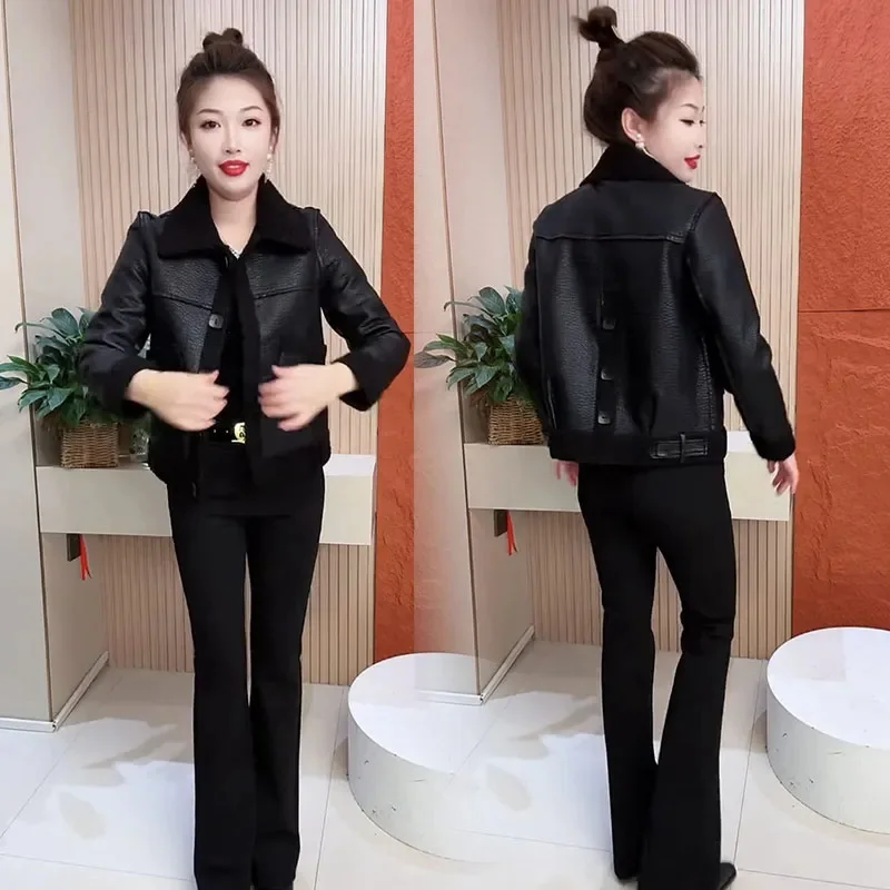 Autumn Winter Two-Sided Penetration Leather Jacket Women New Loose Woolen Coat Single-Breasted Outerwear Thicken Overcoat Female