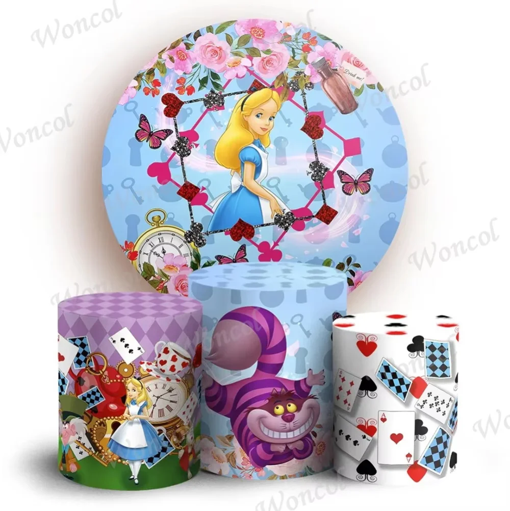 Alice in Wonderland Round Cover Kid Birthday Baby Shower Background Alice Cheshire Cat Playing Cards Cylinder Cover