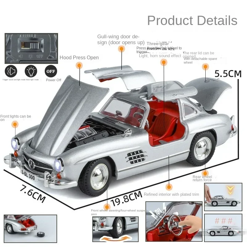 1:24 Mercedes-Benz 300Sl Legierung Auto Modell Sound Und Licht Zurückziehen Spielzeug Auto Metall Klassische Auto Jungen Sammlung ornamente Geschenk