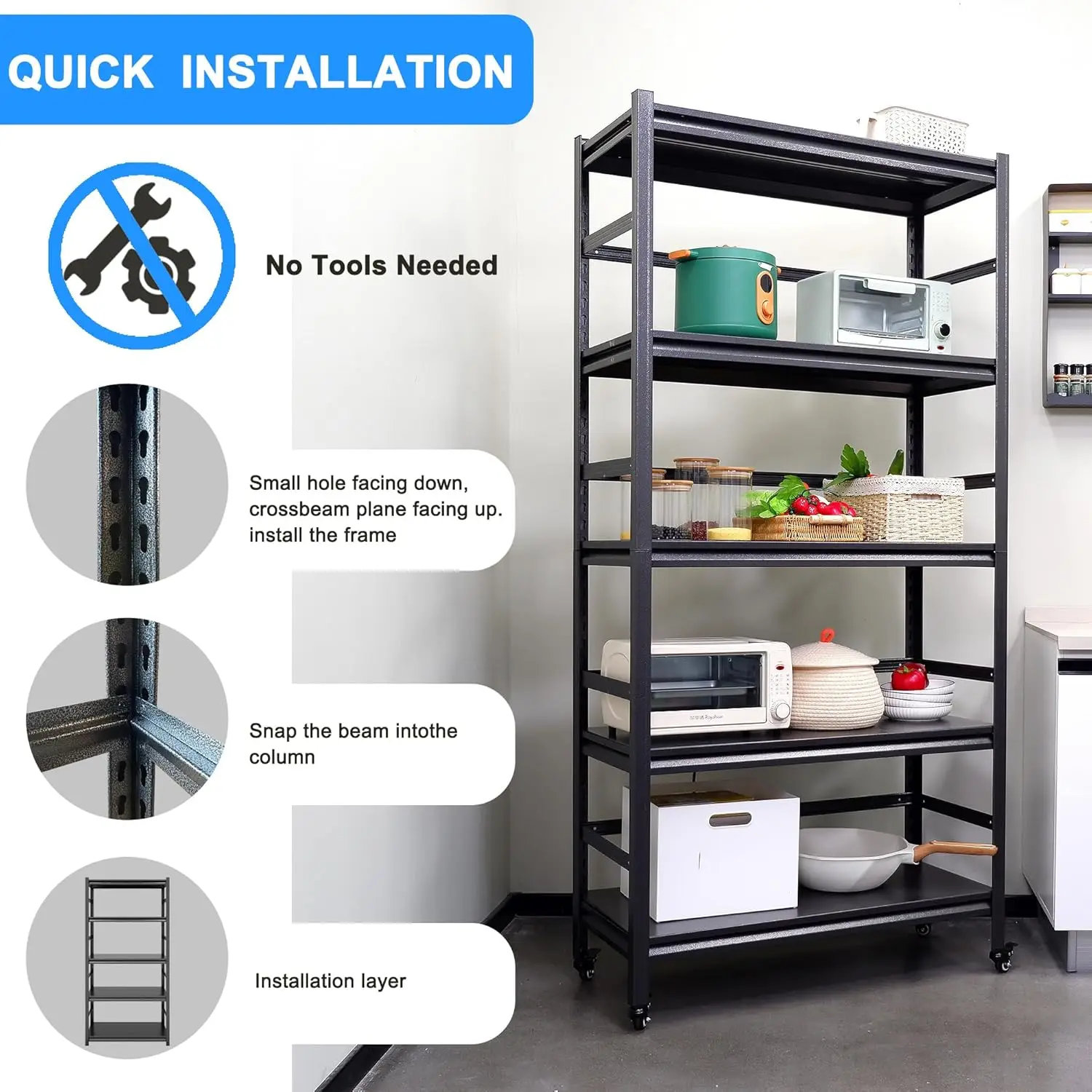 Garagerekken Heavy Duty opbergplanken belastingen 1750 lbs, zware metalen rekken met wielen, verstelbare 5-laags garage