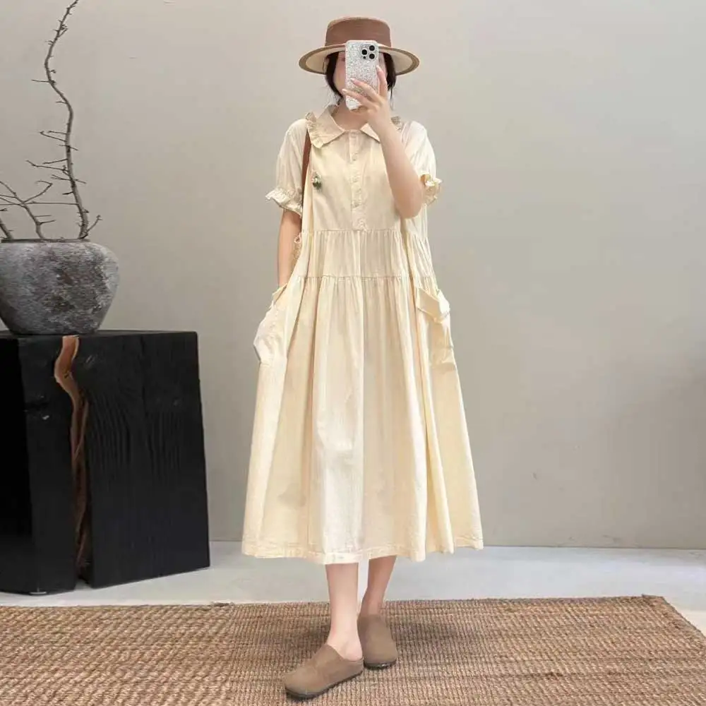 

Japanese Sweet Mori Girl Solid Color Big Pocket Shirt Dress Women Summer Turn Down Collar Short Sleeve Casual Loose Midi Dress